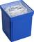 Blue plastic box with a transparent lid, filled with small silver metal parts and plastic components.
