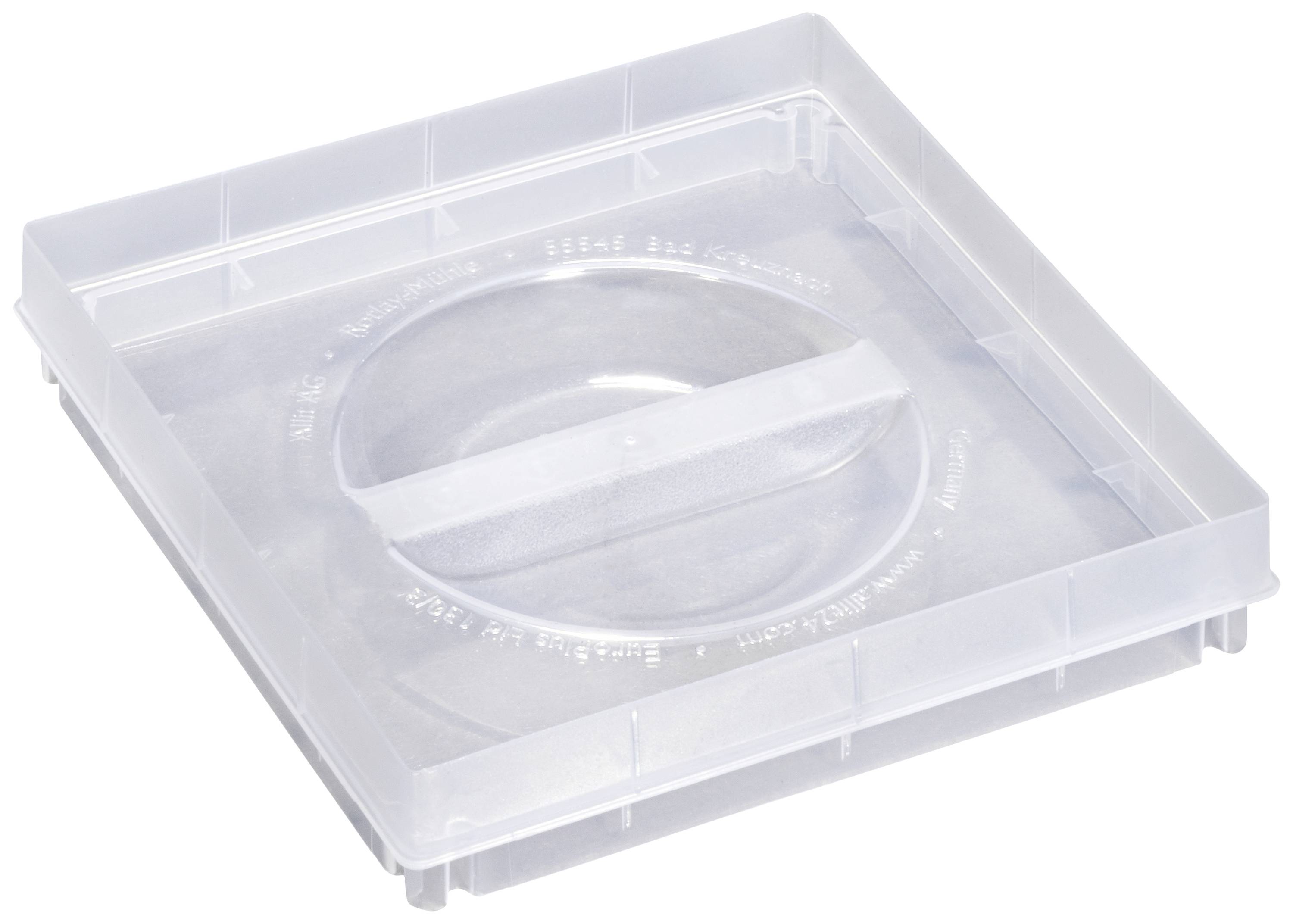 A transparent, square plastic lid with a circular cut-out in the centre.