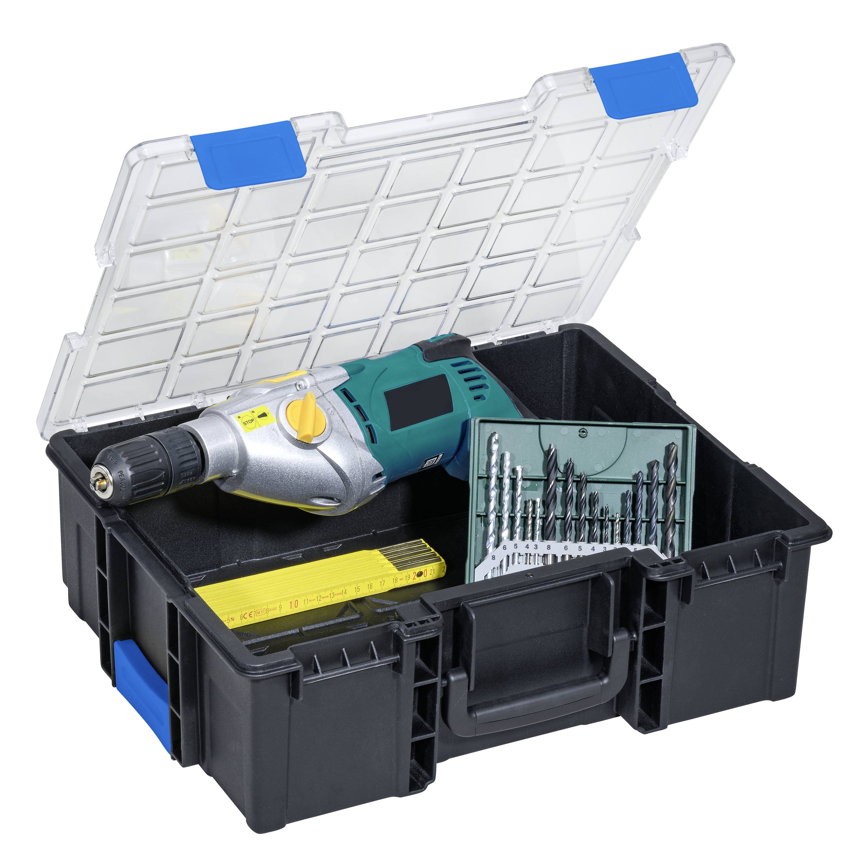 An open toolbox with a drill, yellow ruler and a set of drill bits in a black case.