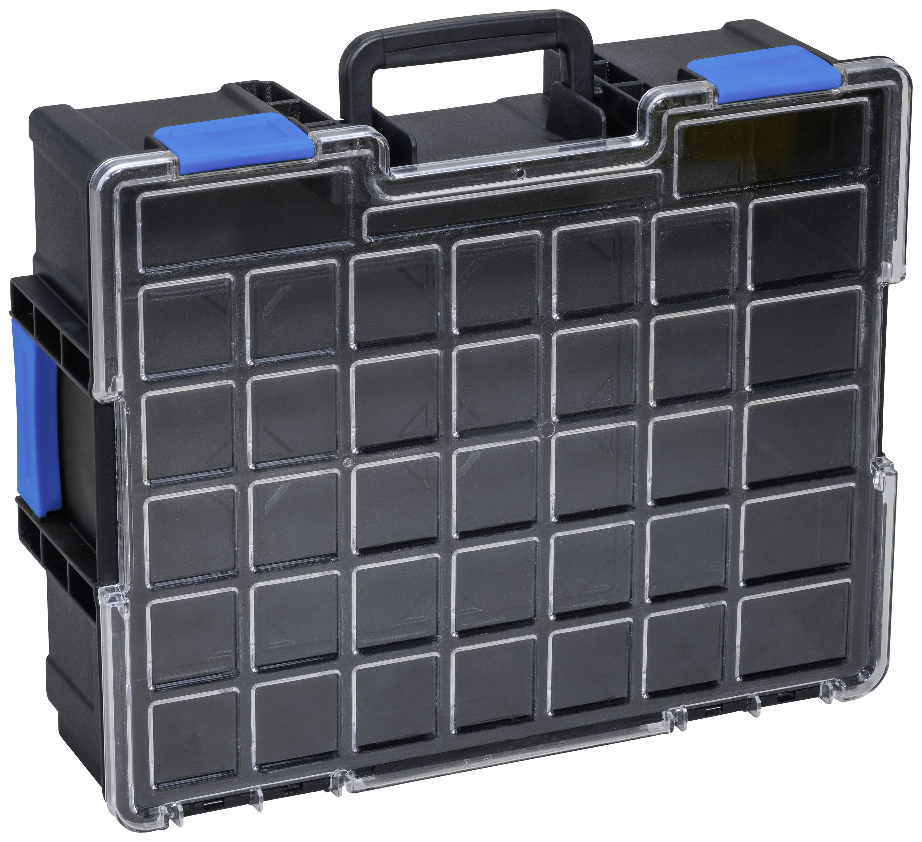 A black carry case with transparent compartments for storing tools or small parts, with blue-highlighted closures.