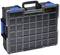 A black carry case with transparent compartments for storing tools or small parts, with blue-highlighted closures.