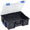 Black plastic storage box with an open, transparent lid, blue handles, and a compartmentalised interior structure.