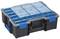 A black plastic toolbox with a transparent lid and blue compartments for storing small parts.