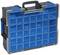 Black and navy blue organisational case with a transparent lid and handle, featuring multiple compartments for storing small items.
