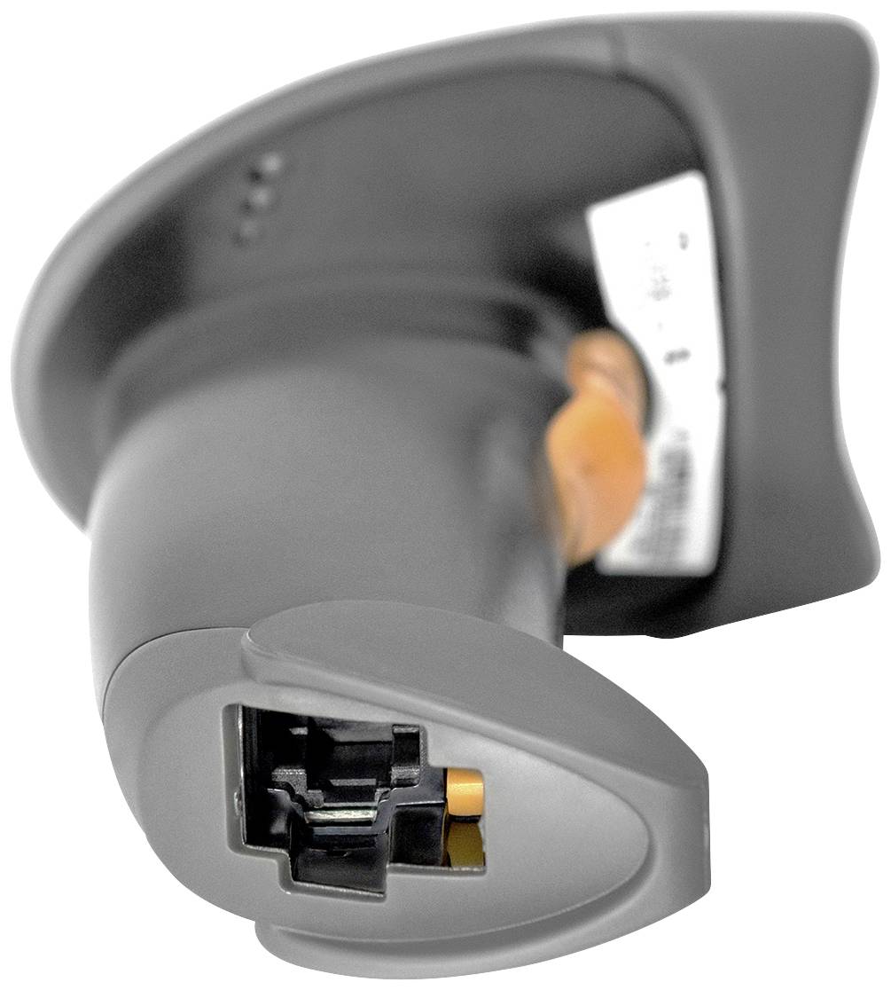 Grey and black barcode scanner with an ergonomic handle, visible scanning window, and textured trigger at the top.