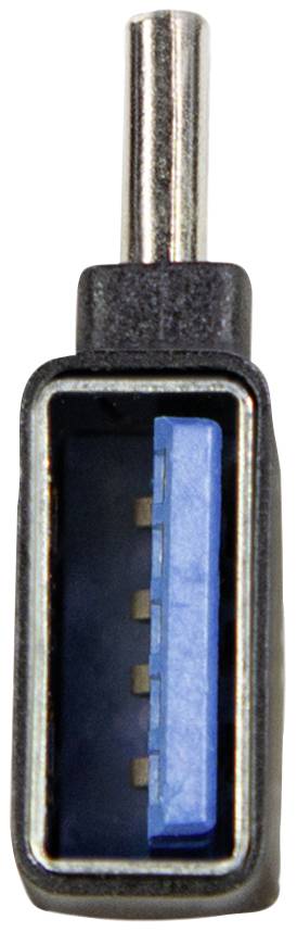 A blue USB plug with a rectangular connector and five visible metal contacts, surrounded by black plastic.