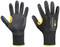 Black protective gloves with yellow details on the thumb and wrist.