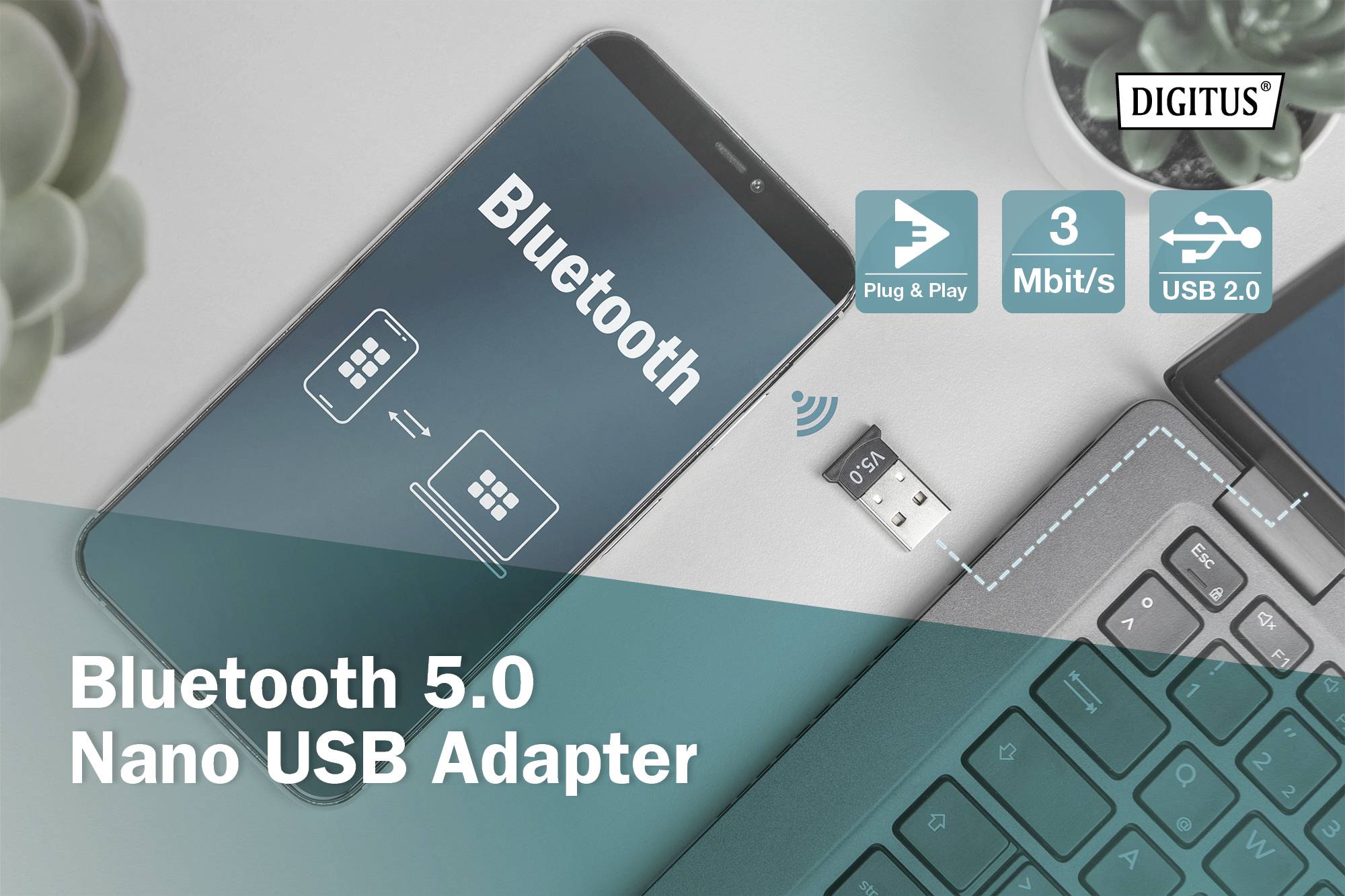 Bluetooth 5.0 Nano USB Adapter, showing connection between smartphone and laptop. Symbols: 'Plug & Play', '3 Mbps', 'USB 2.0' in top right.