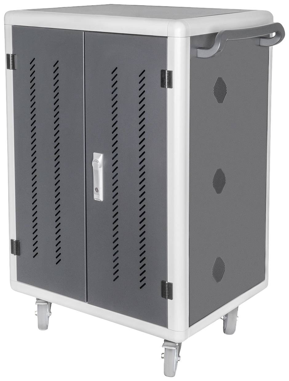 Grey, mobile charging cabinet with two doors and ventilation slots, mounted on castors. Suitable for charging and storing devices.