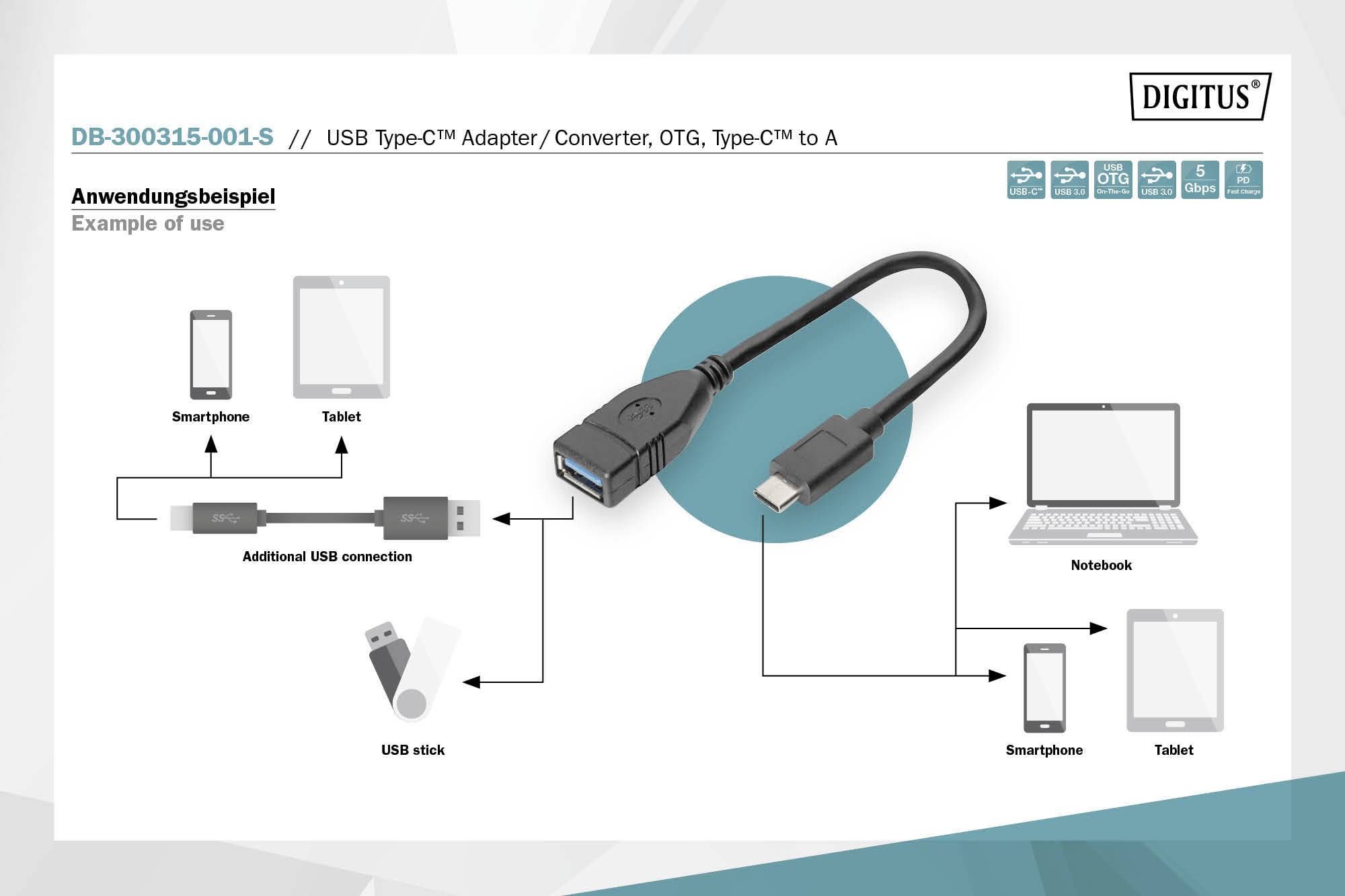 Digitus USB cable USB-C® plug, USB-A socket 0.15 m Black DB-300315-001-S-6