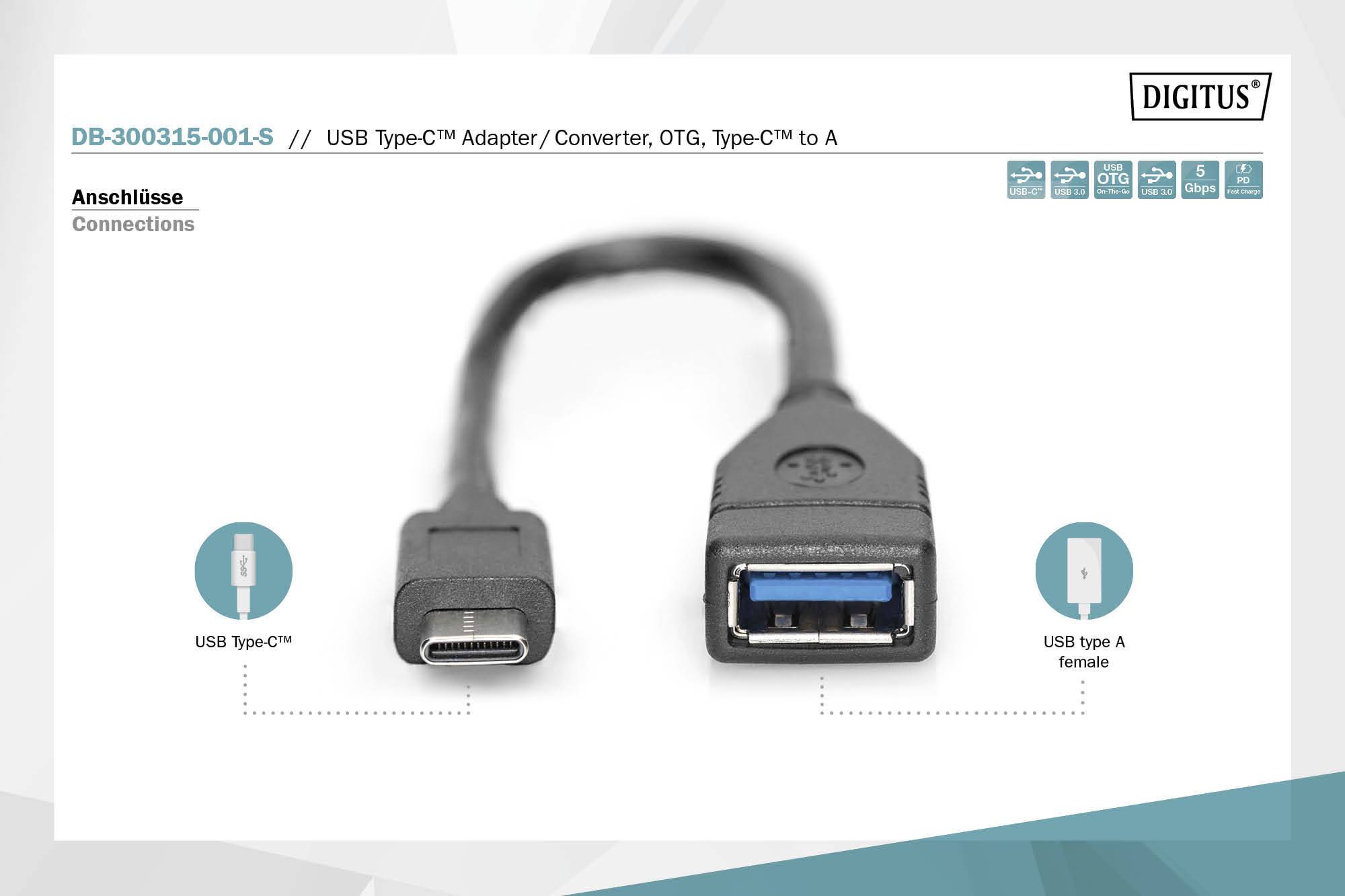 Digitus USB cable USB-C® plug, USB-A socket 0.15 m Black DB-300315-001-S-7