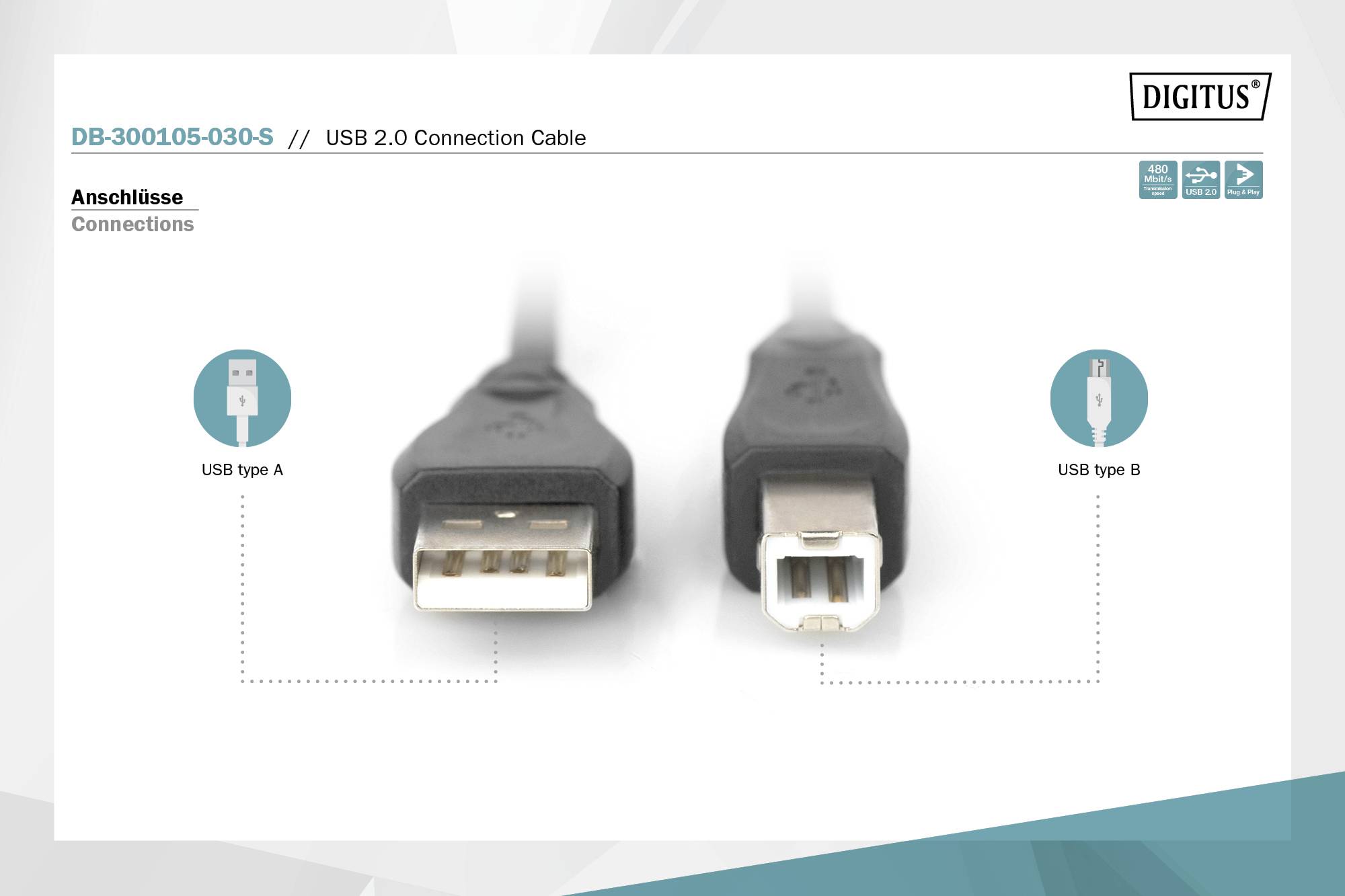 Digitus USB cable USB 2.0 USB-A plug, USB-B plug 3.00 m Black DB-300105-030-S-5