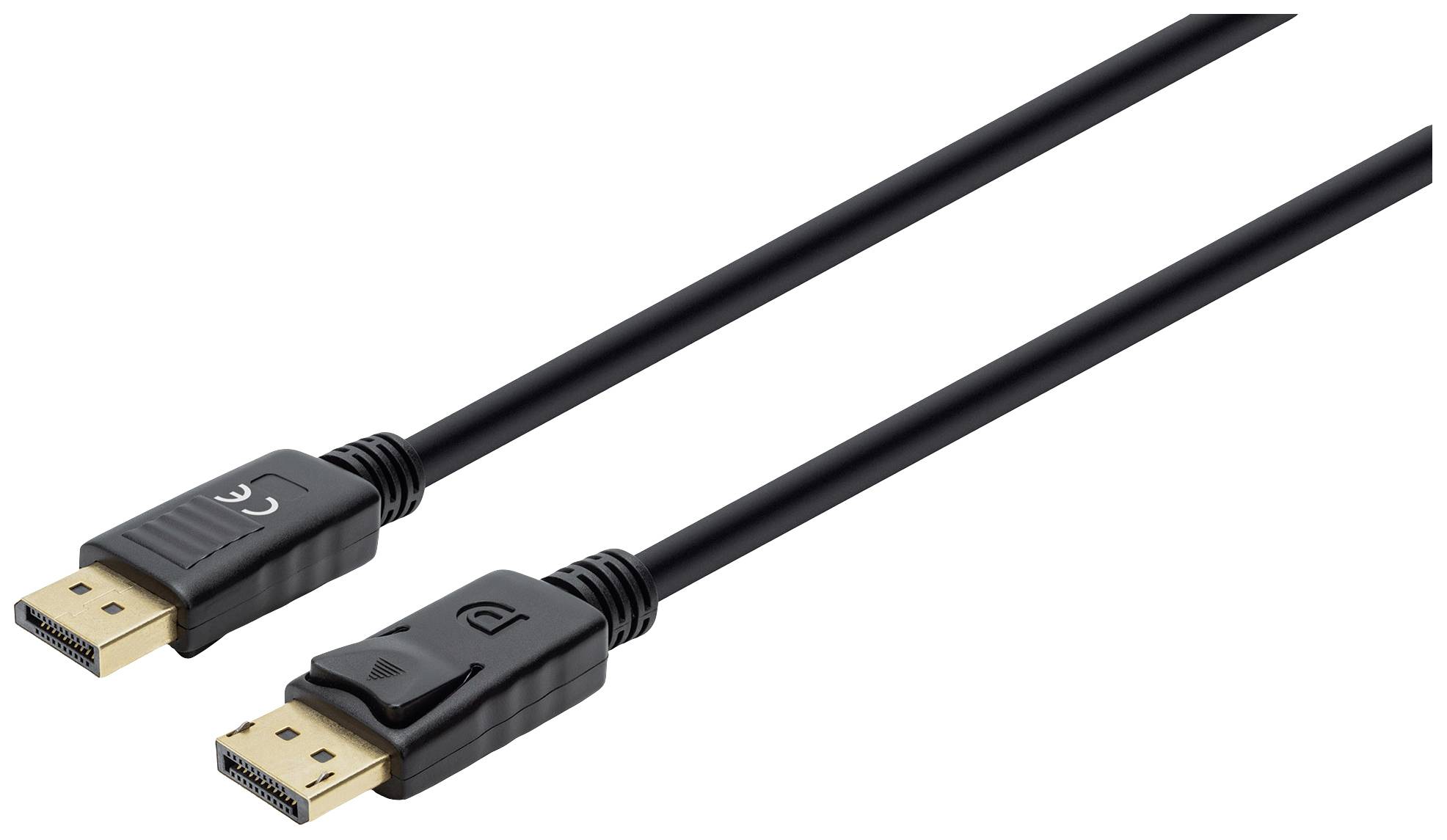 Two black DisplayPort cables with connectors. Suitable for connecting monitors to computers to transmit high-resolution graphics.