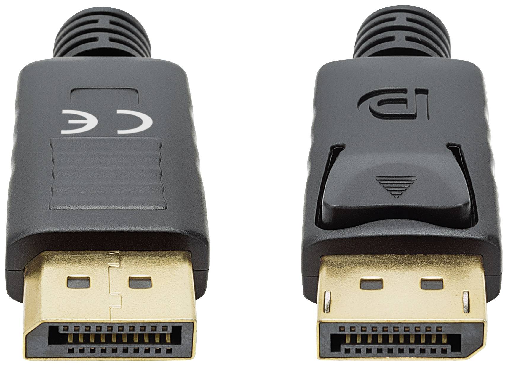 Two black DisplayPort plugs with gold contacts, lying side by side. The right plug has an unlocking button.
