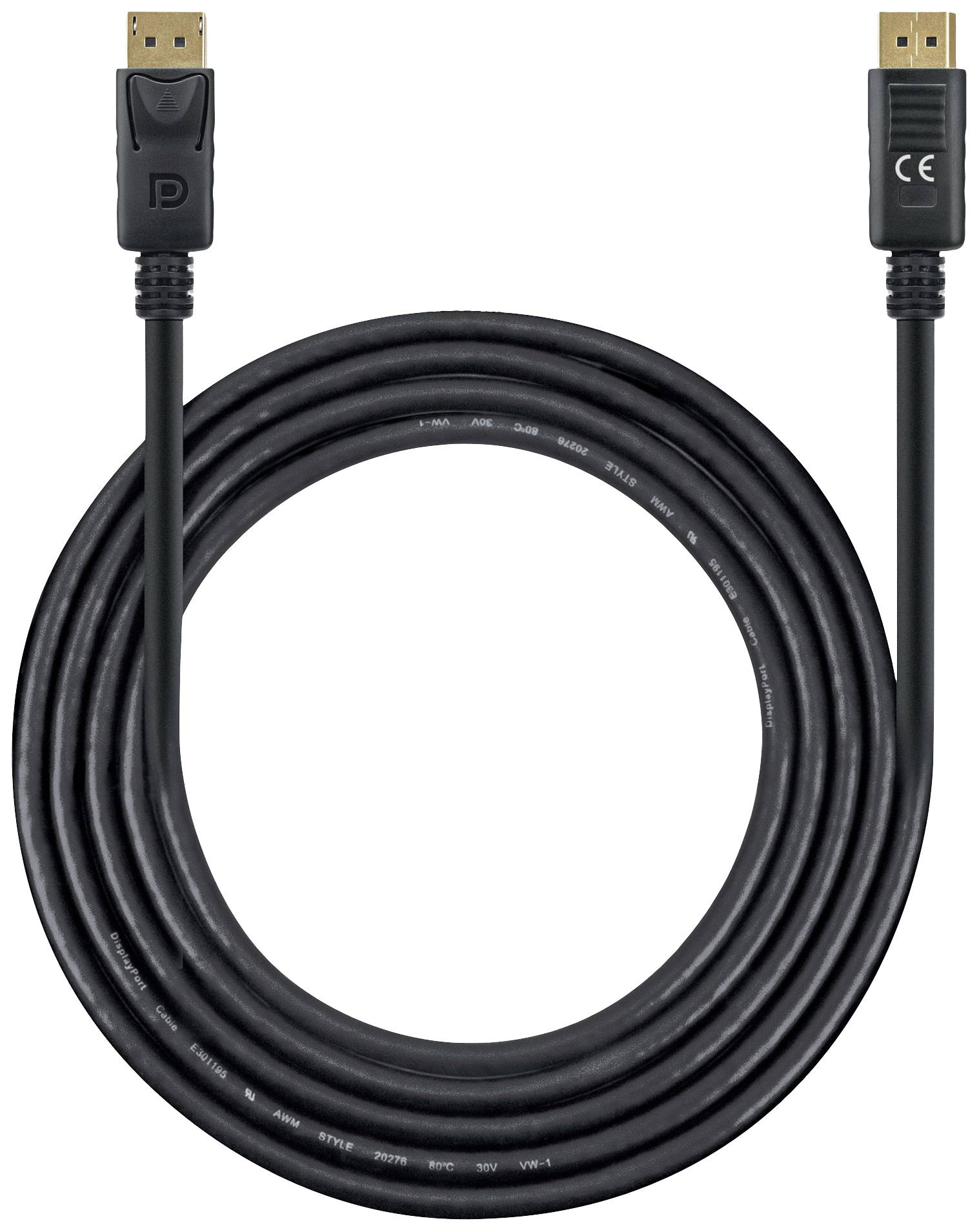 Black DisplayPort cable with gold-plated connectors at both ends, coiled in a loop.