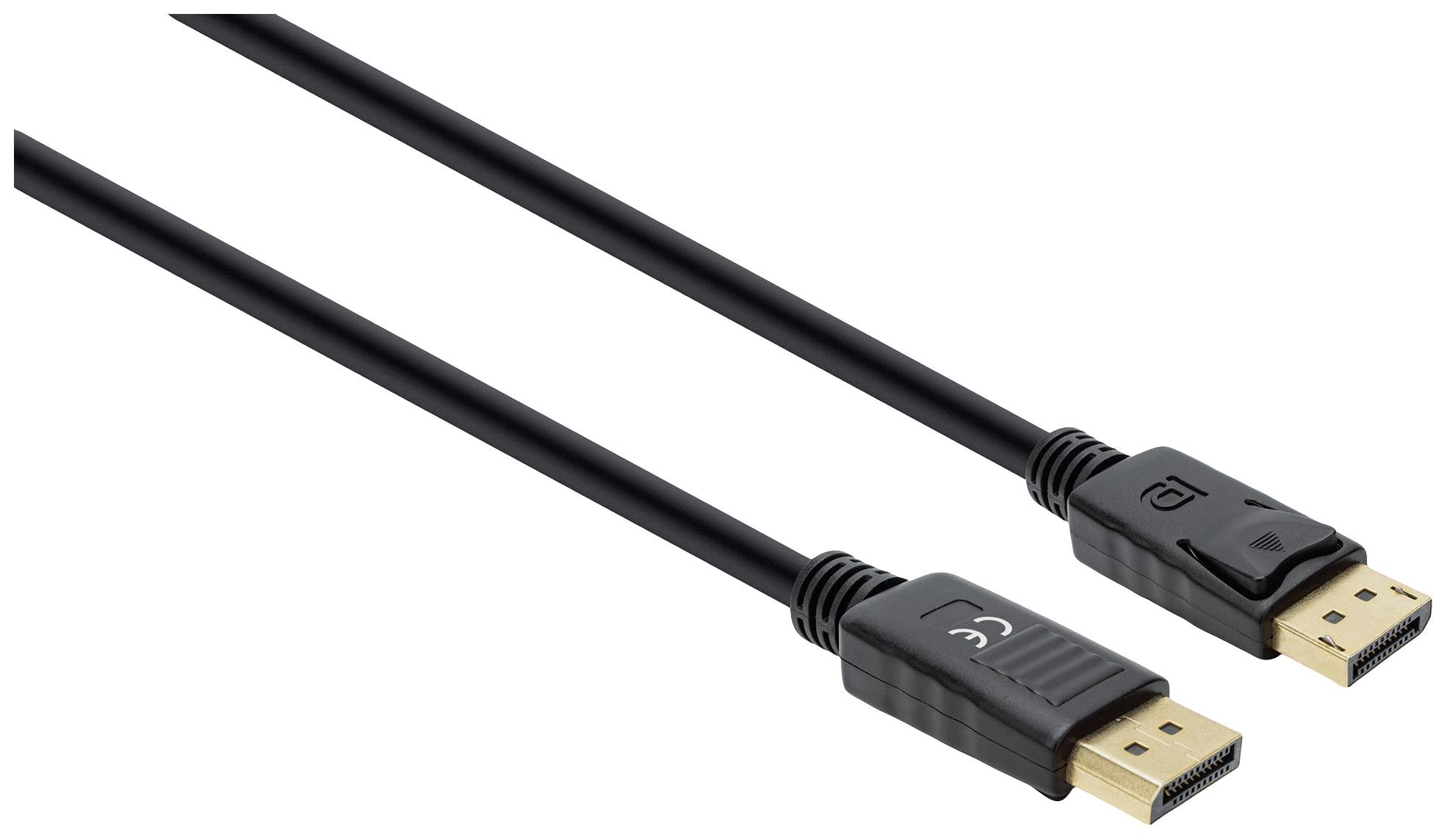 Two black DisplayPort cable plugs with gold-coloured connectors and CE marking on a white background.