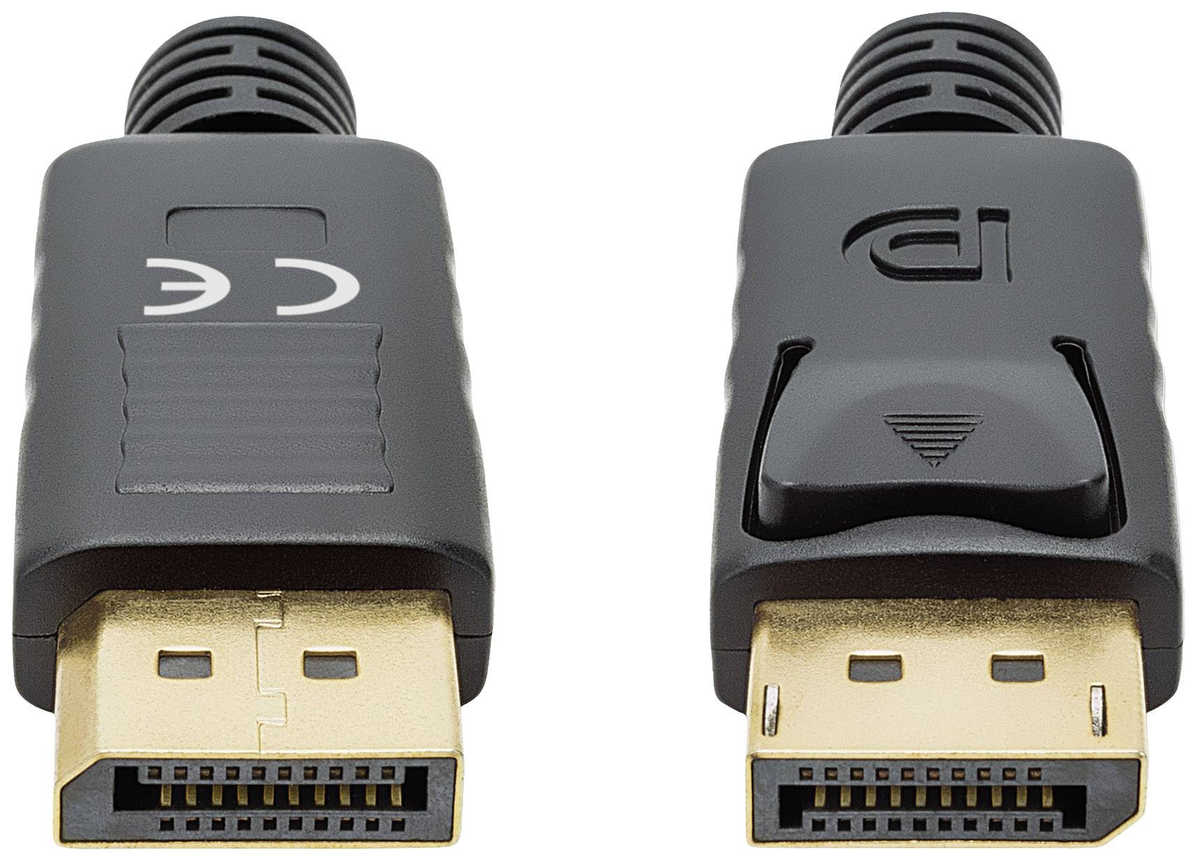 Two DisplayPort plugs side by side. Left plug with CE mark, right plug with DP logo. Both have gold-plated contacts.