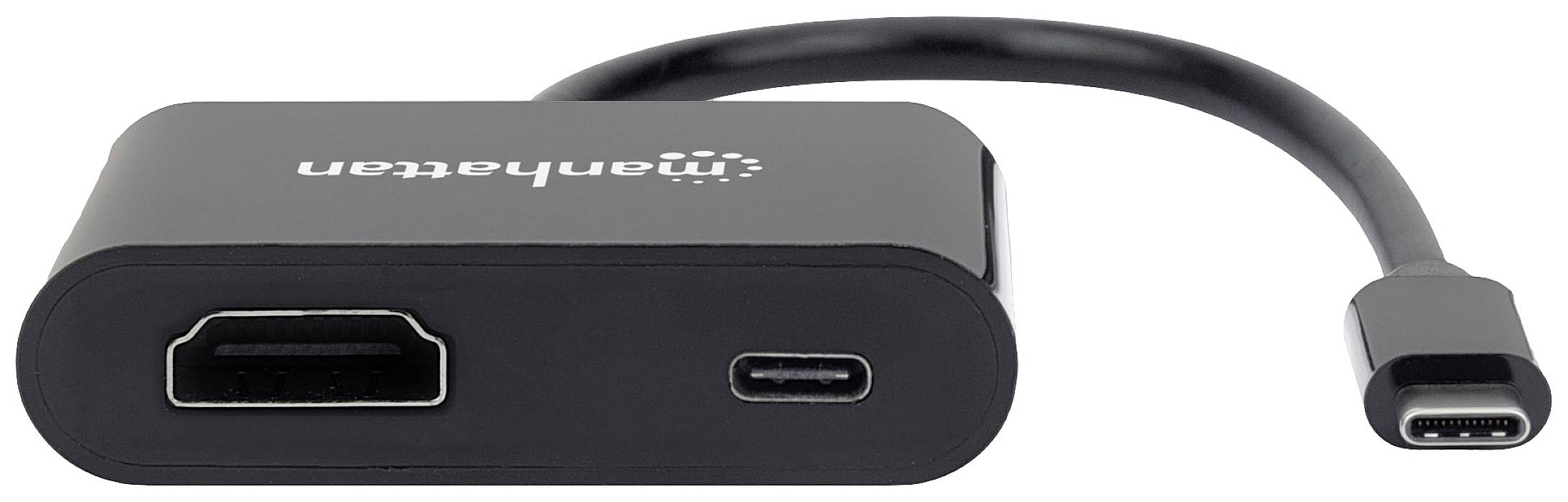 A black adapter with HDMI and USB-C ports on a short cable.