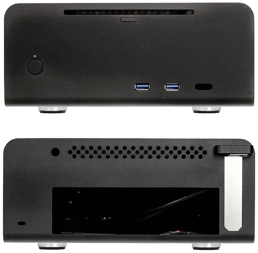 Black mini-computer with two USB ports and a power button at the front; rear shows ventilation slots and an expansion port.