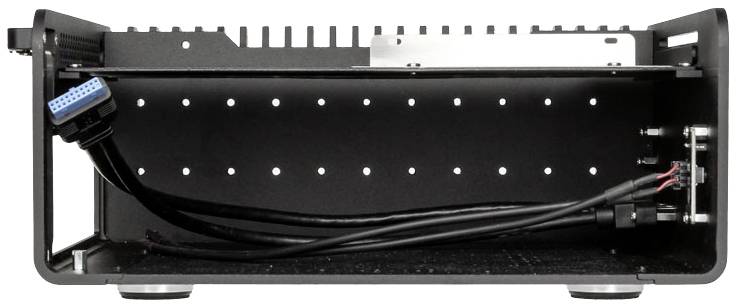 Metal enclosure, open at the front; visible cables and connections inside, suitable for electronic components or small devices.