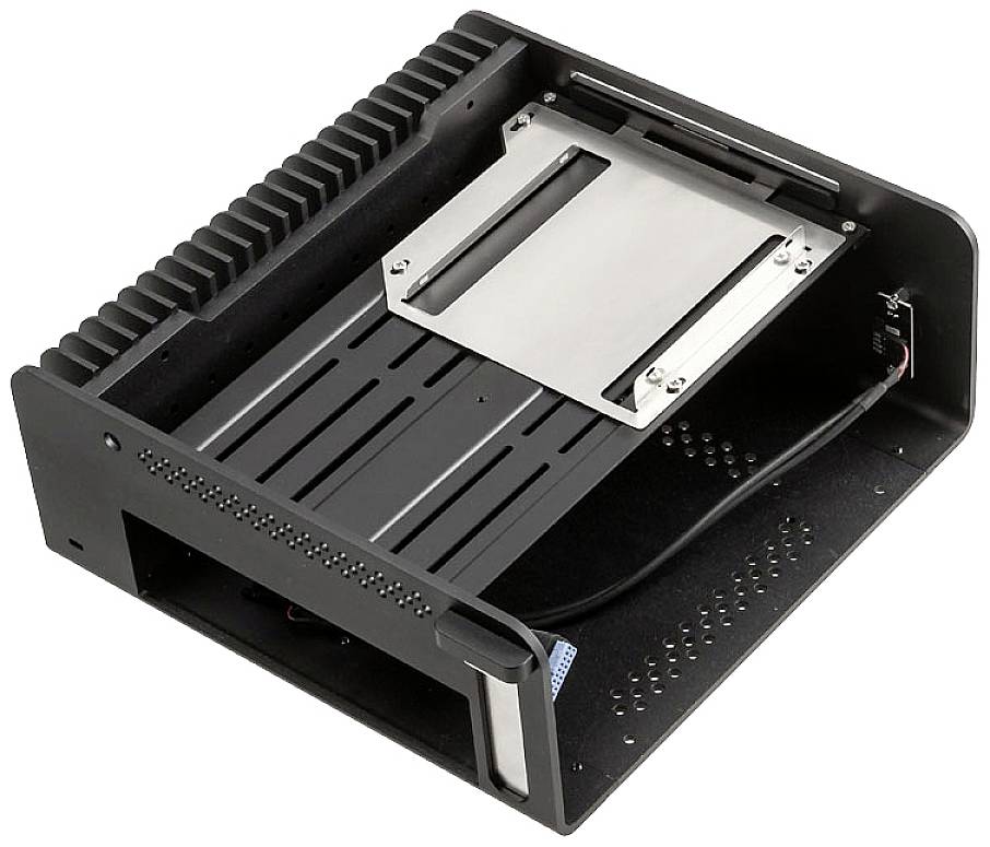 A black metal computer case with an open, ribbed design and an internal mounting bracket for hard drives.