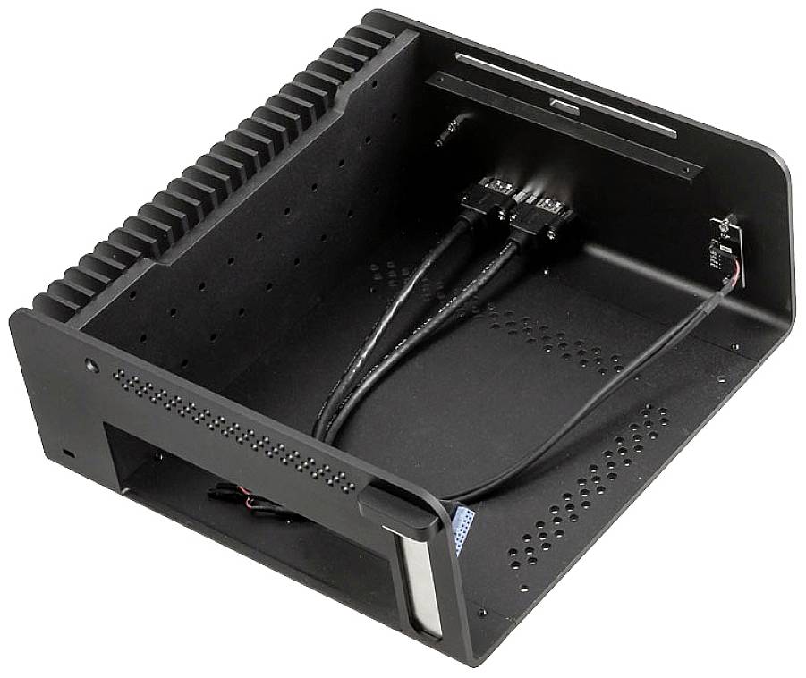 Black metal enclosure with ventilation slots. Two cables are mounted internally. Rear panel has multiple mounting holes.
