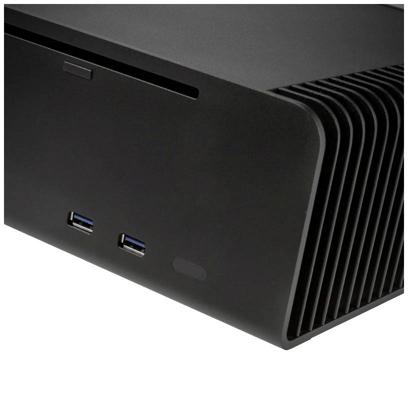 A black computer tower without a visible logo, featuring two USB ports and ventilation slots on the side.