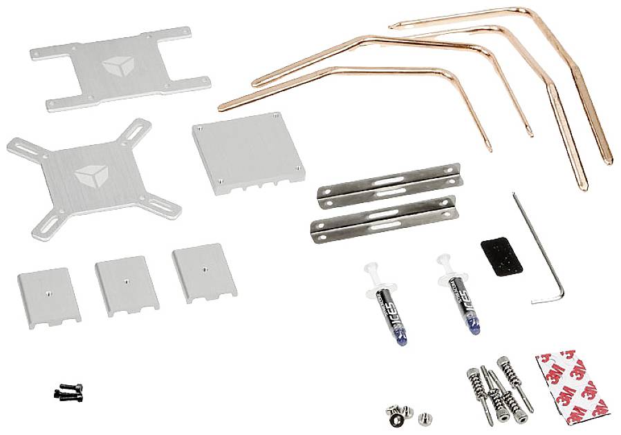 Components of a CPU cooling kit: heatsink, heat pipes, mounting plates, screws and thermal paste.