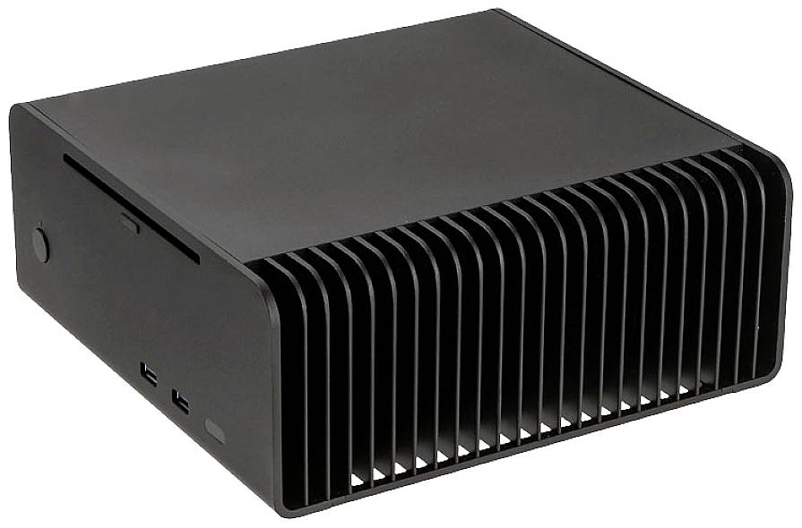 Black, rectangular metal mini PC case with ventilated front. Suitable for compact computer applications.