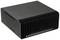 Black, rectangular metal mini PC case with ventilated front. Suitable for compact computer applications.