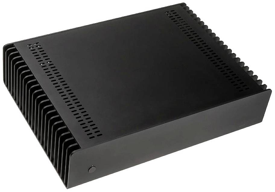 A black-grey, rectangular computer tower with ventilation slots on the sides. It has no visible control buttons.