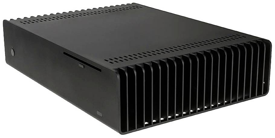 A black, rectangular, ribbed computer case with ventilation slots on the sides and a smooth surface.