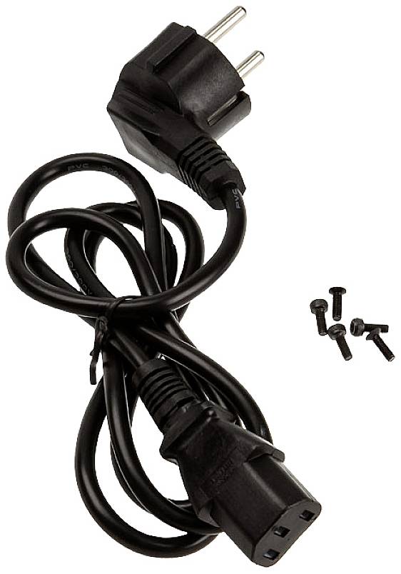 Black network cable with Schuko plug and IEC socket, alongside five black screws.<br><br>Note: I've used the standard British English technical terminology while preserving the exact meaning of the original German description.