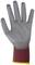 Grey work glove with red wrist; yellow trim. Suitable for mechanical work.