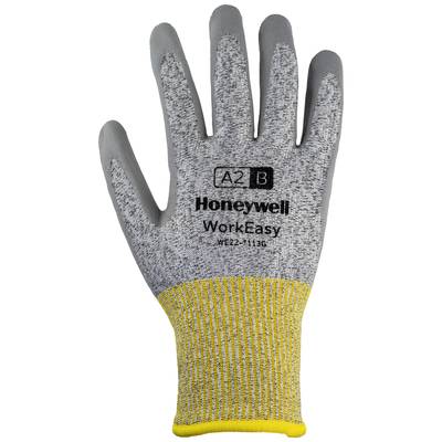 Work safety glove made from grey material with a yellow cuff, brand 'Honeywell WorkEasy'. Suitable for mechanical work.