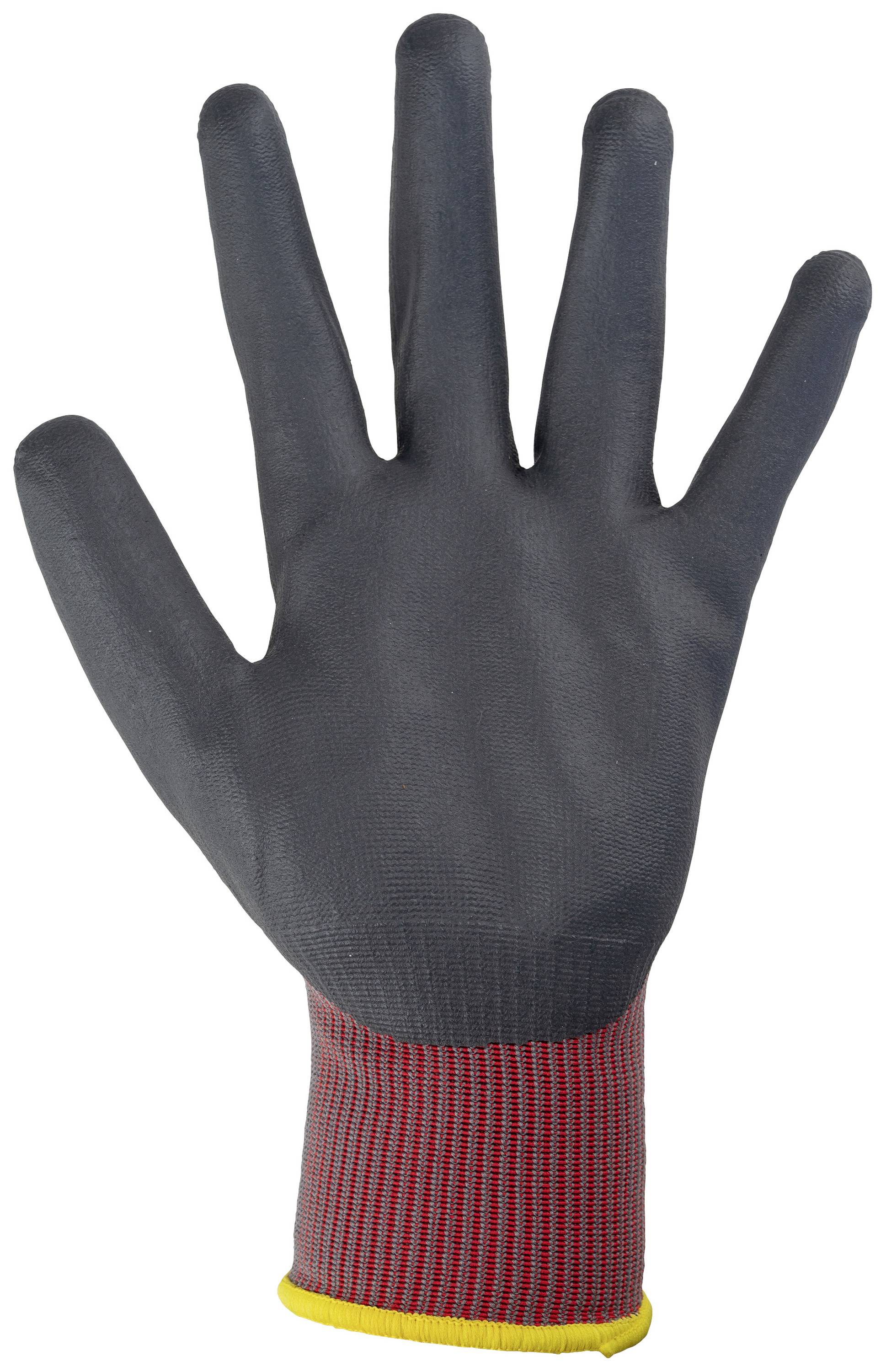Black rubber work glove with red fabric and a yellow trim, shown from the front in an outstretched position.