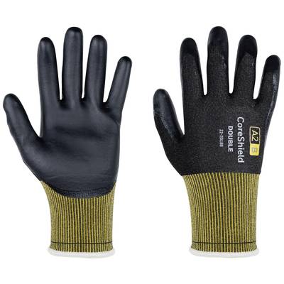 Protective gloves with a black palm and yellow cuff. Text 'Coreshield DOUBLE A2 B' on the back of the right-hand glove.