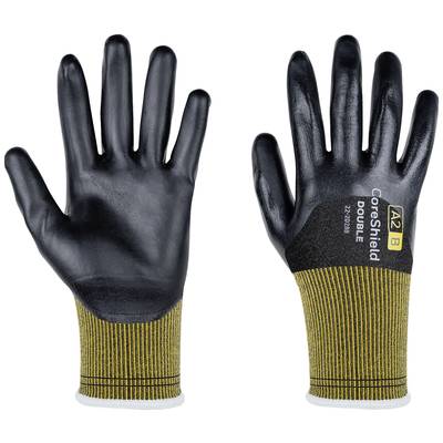 Safety gloves with black coating and yellow cuff. Left shows the palm, right shows the back with label 'CoreShield A2 B'.
