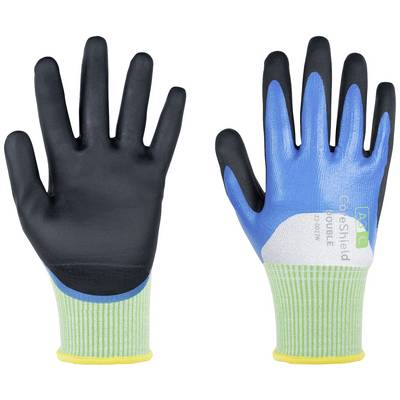 Two work gloves: on the left a black glove, on the right a blue glove with a yellow cuff and logo. Ideal for protective work.
