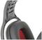 Close-up of a black and red ear cushion of an over-ear headphone with visible plastic mounting bracket.
