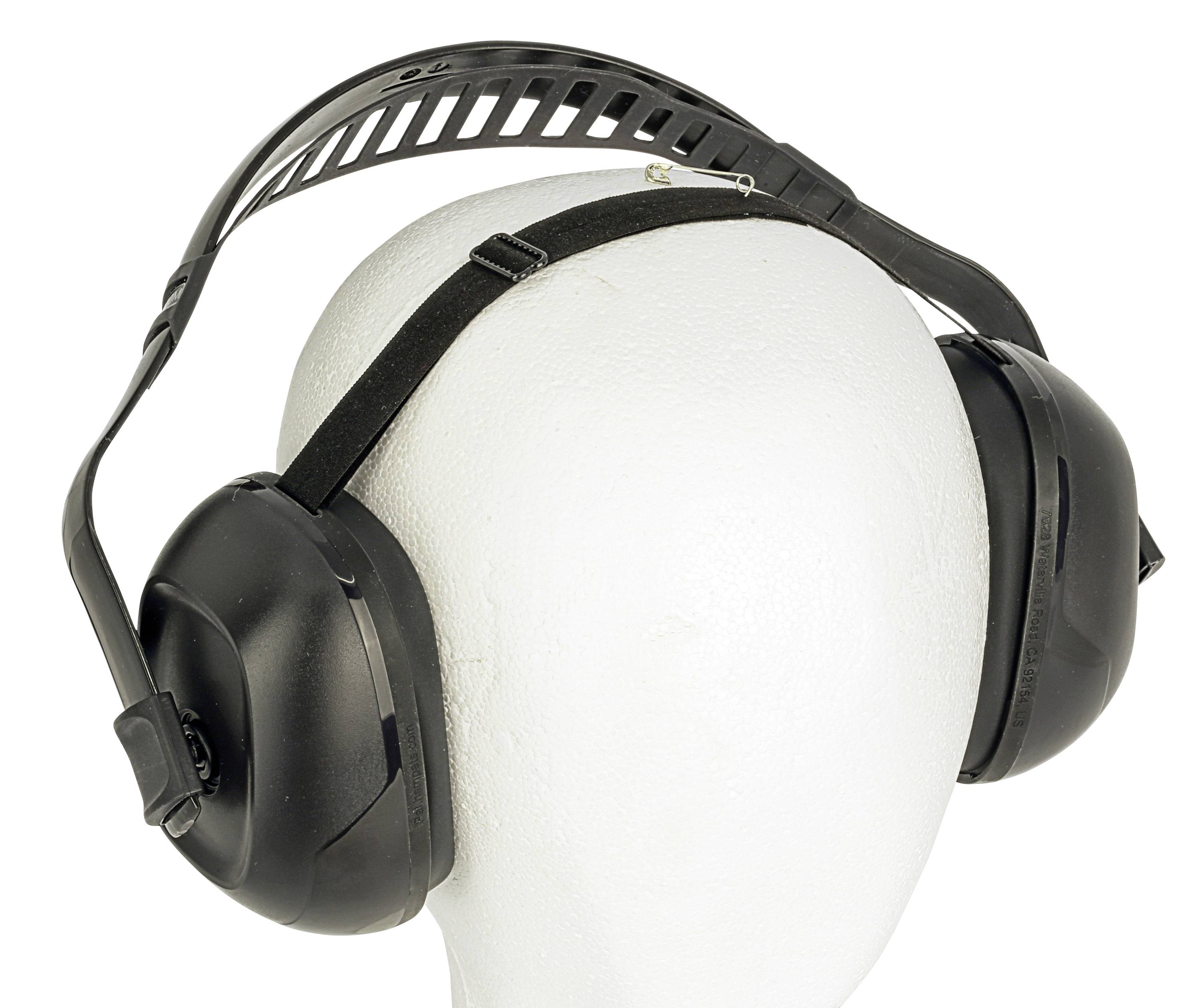 A white mannequin head wears black ear defenders that stretch across the head.