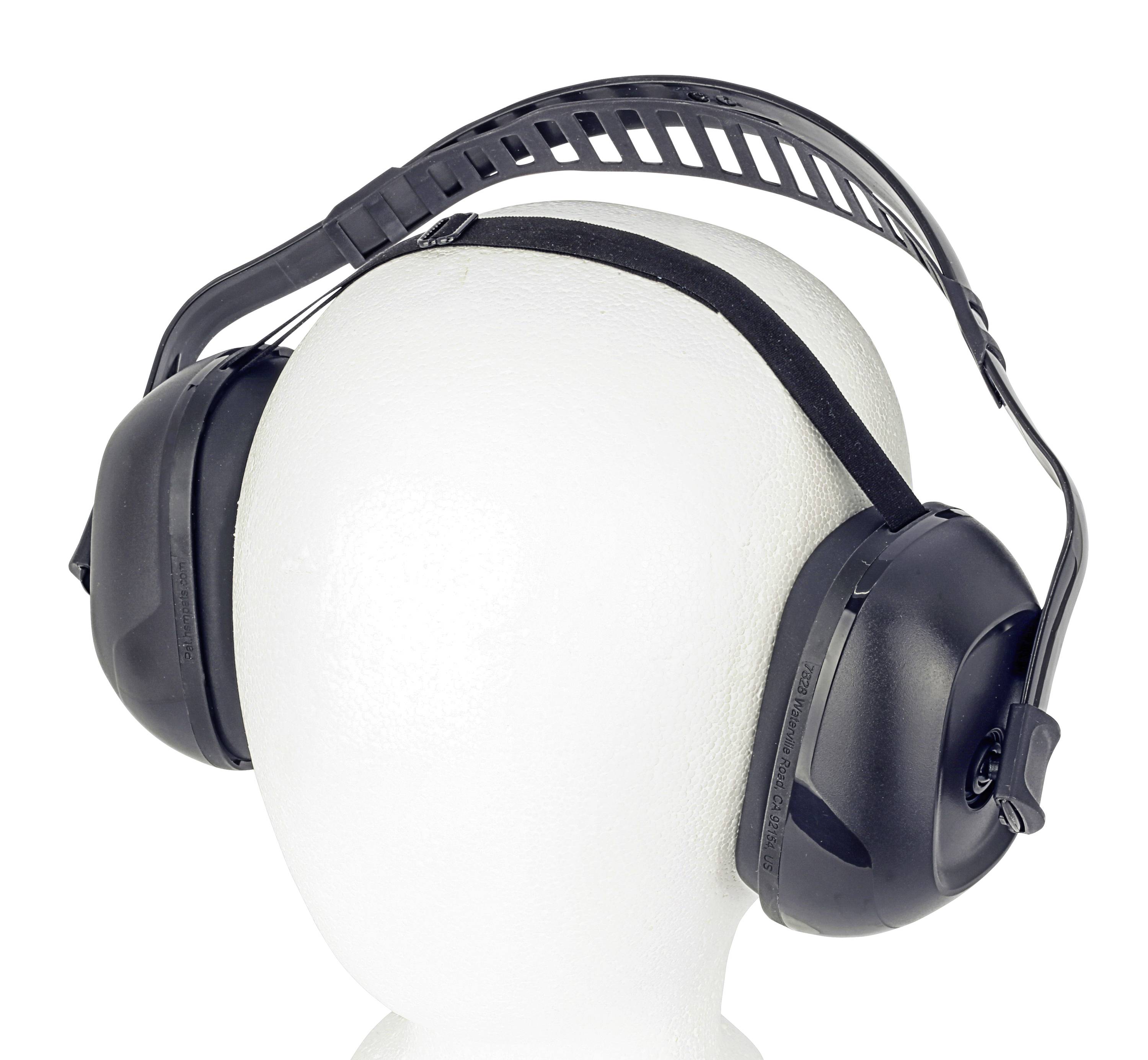 A white foam mannequin head is wearing black ear defenders with an adjustable headband.