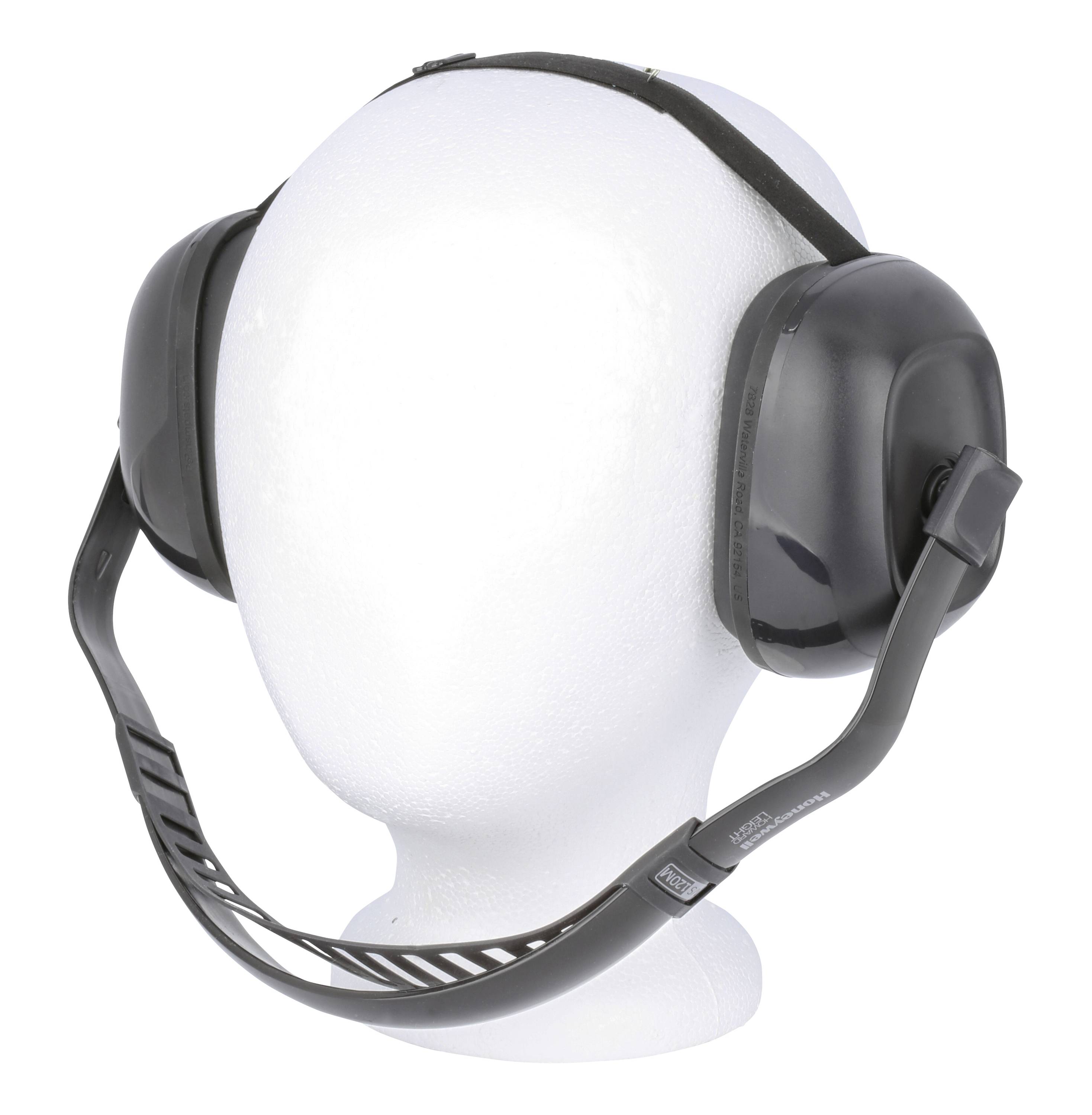 A white foam model of a head is wearing black ear defenders.