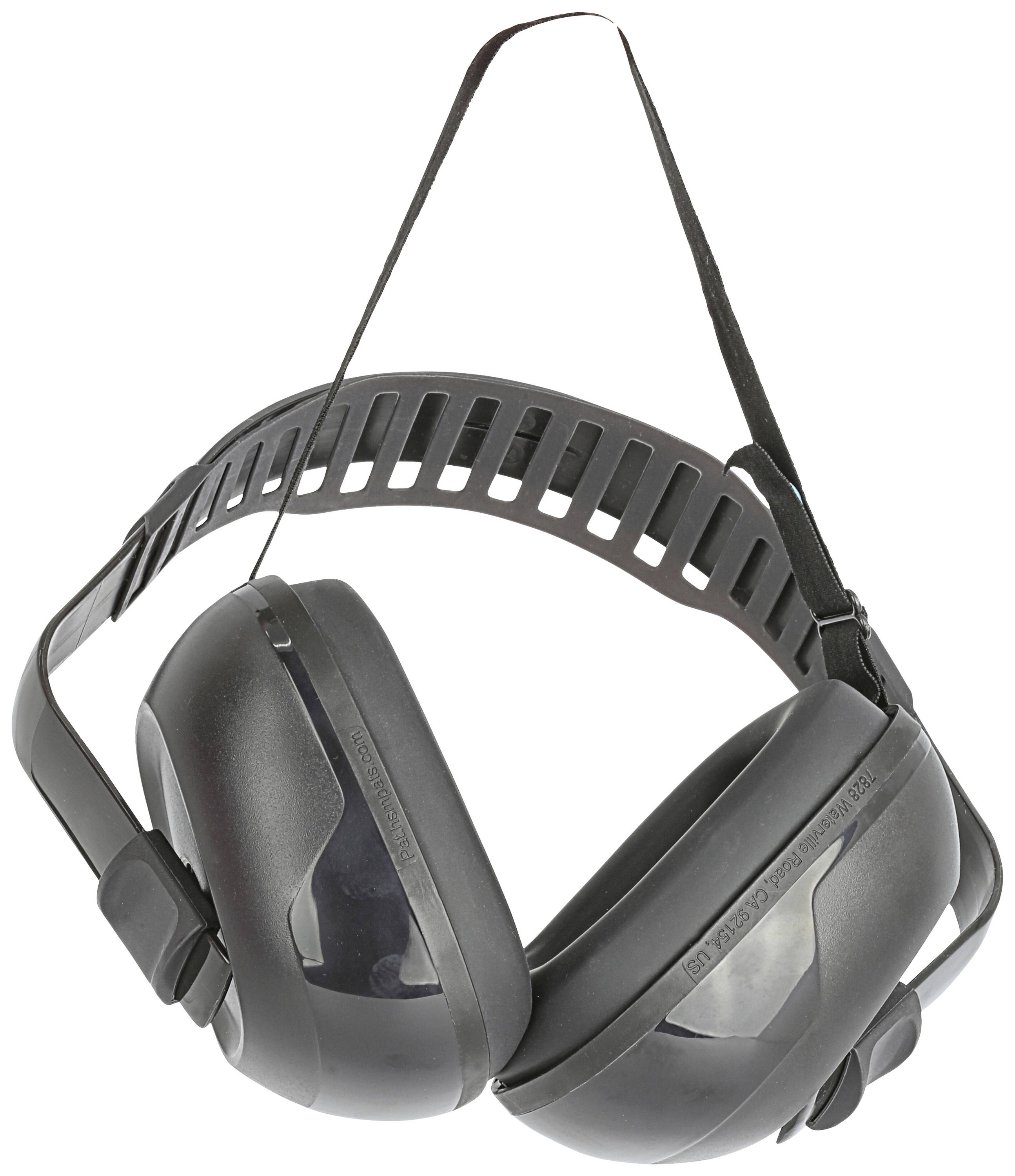 Black and grey ear defenders with an adjustable headband. Suitable for noise protection in loud environments.
