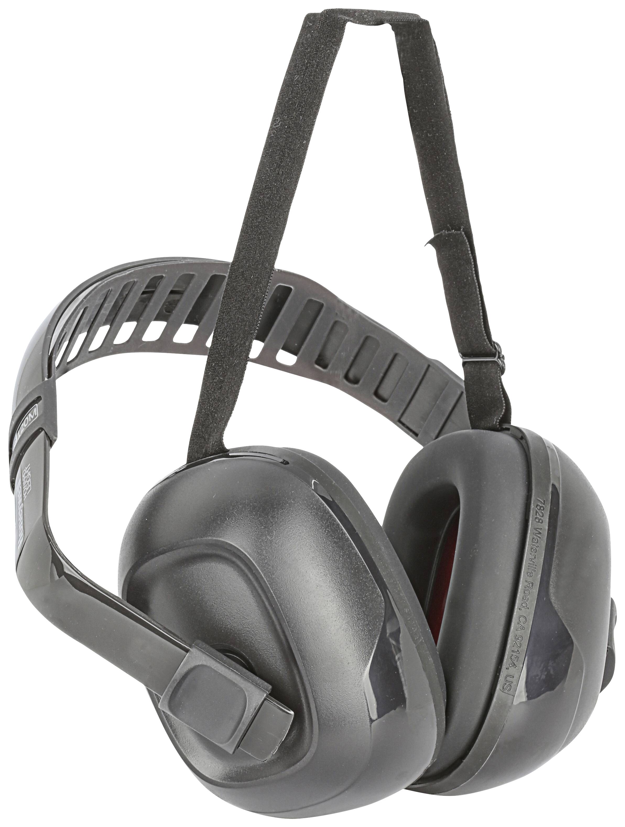 Black and grey ear defenders with an adjustable headband; used to protect against loud noises in work environments.
