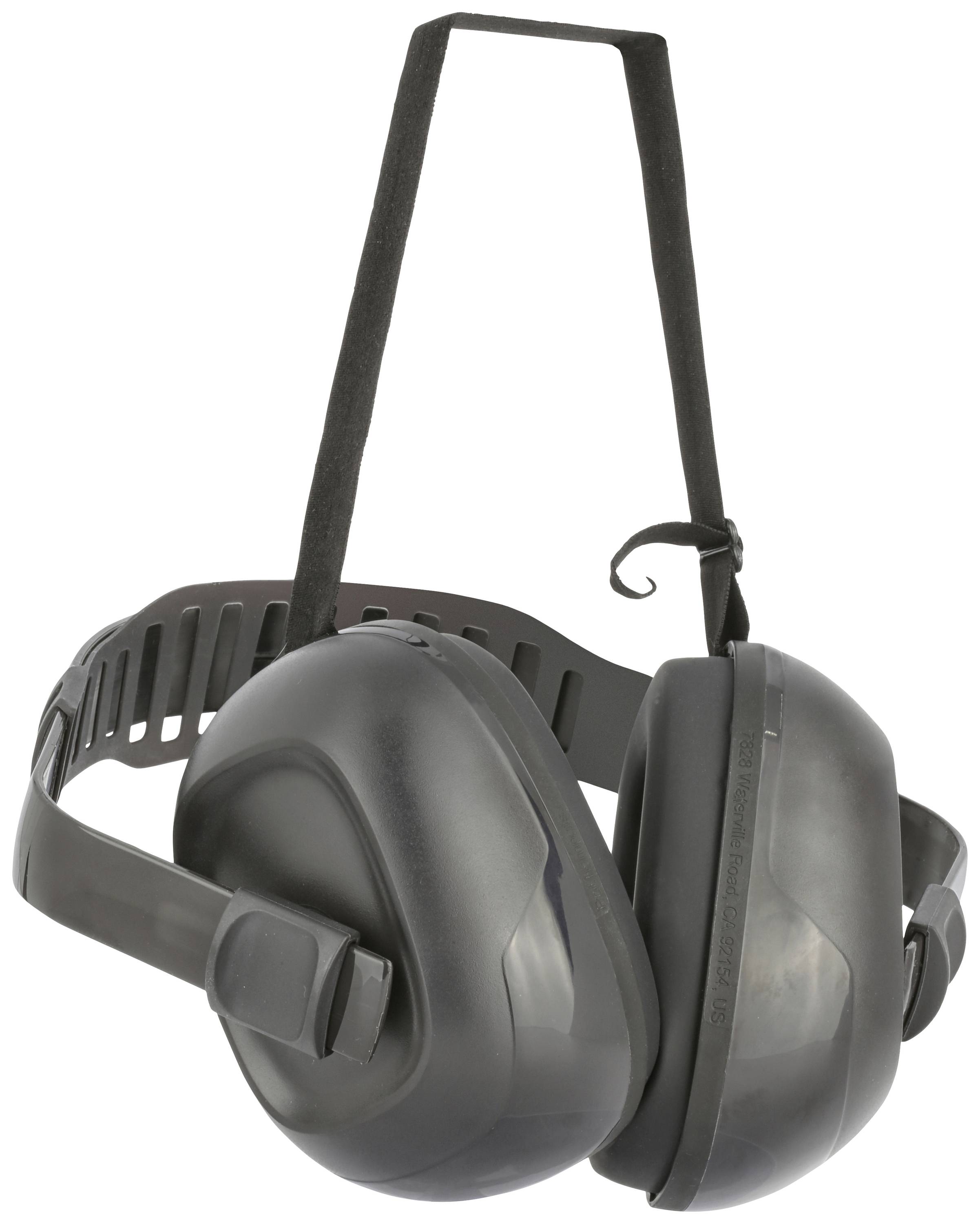 Black ear protection headphones photographed in a studio setting against a white background.