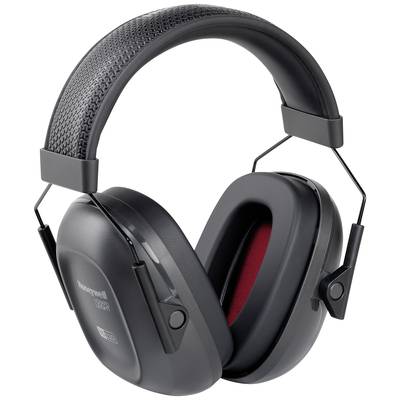 Black ear defenders with padded headband and ear cups. Designed to protect against noise. Manufacturer logo 'Honeywell' visible.