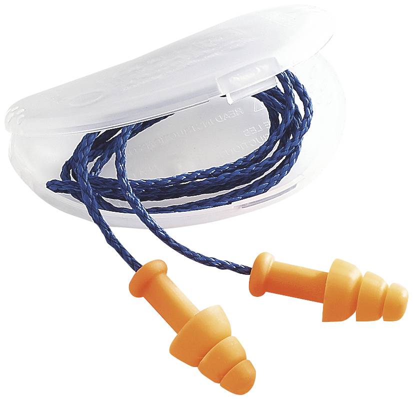 Orange foam earplugs with a blue cord in a half-open white plastic box.