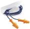 Orange foam earplugs with a blue cord in a half-open white plastic box.