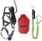 Climbing harness with carabiners and safety lanyard next to a red bag with 'Miller by Honeywell' printed on it.